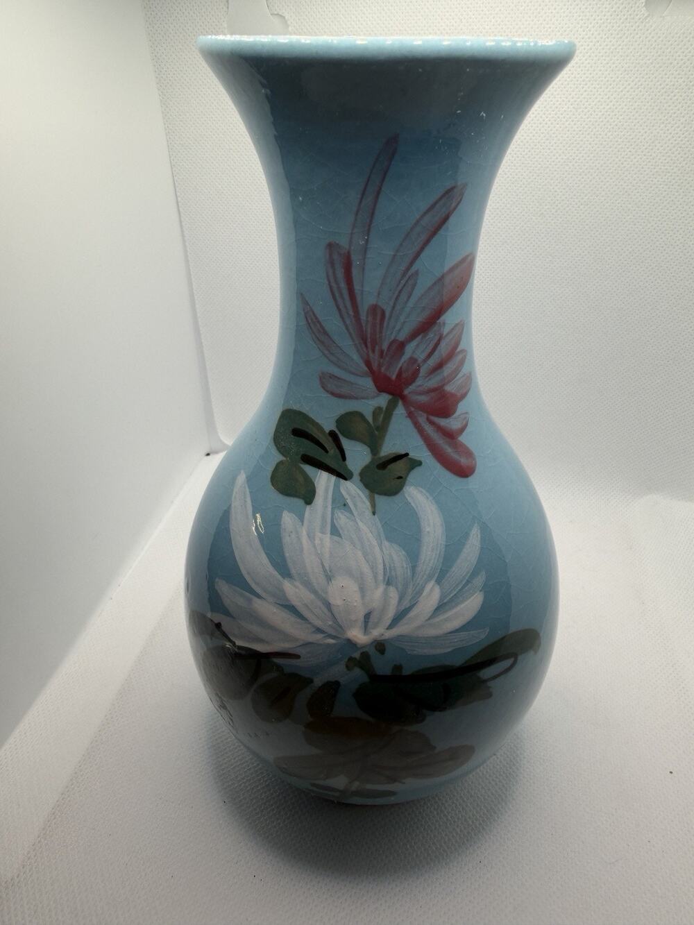 Asian Ceramic Floral Vase: Handpainted Flower, Robin Egg Blue Vase, China/Japan